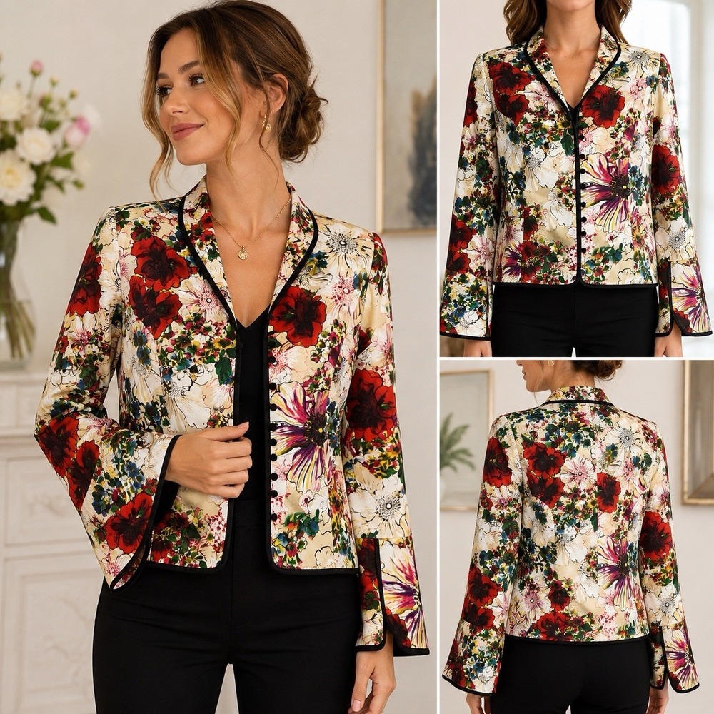 JS Collections 100% Silk Colorful Floral Cheongsam Style Evening Jacket Sz 12